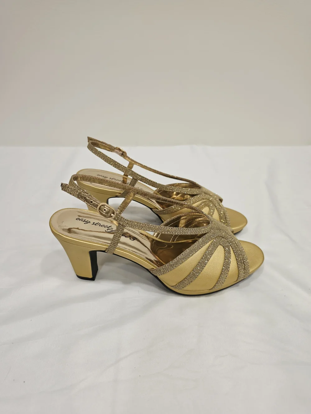 easy street Gold Satin Glitter Starlight Wide Size 10 Slingback Heels